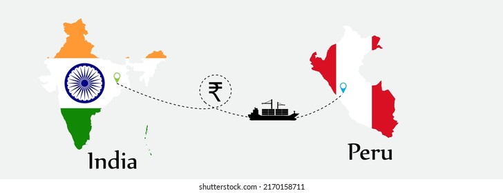 Business concept of both country. Ship transport from India go to Peru. And flags symbol on maps. EPS.file.Cargo ship.