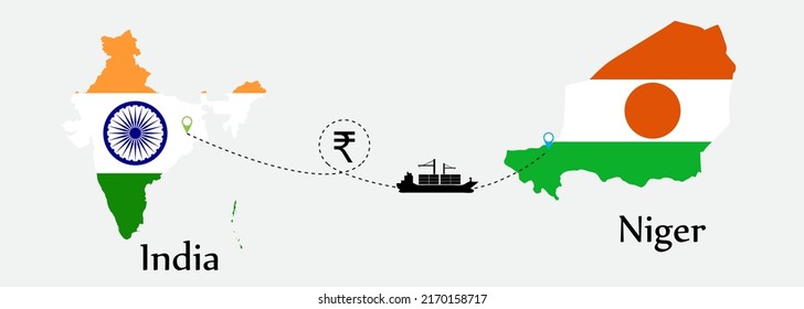Business concept of both country. Ship transport from India go to Niger. And flags symbol on maps. EPS.file.Cargo ship.