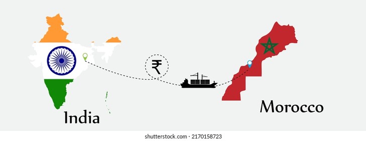Business concept of both country. Ship transport from India go to Morocco. And flags symbol on maps. EPS.file.Cargo ship.
