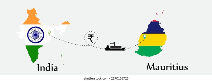 Business concept of both country. Ship transport from India go to Mauritius. And flags symbol on maps. EPS.file.Cargo ship.