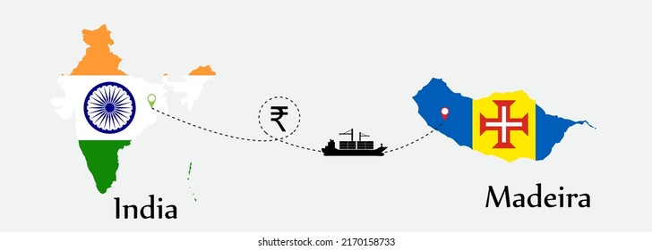 Business concept of both country. Ship transport from India go to Madeira. And flags symbol on maps. EPS.file.Cargo ship.