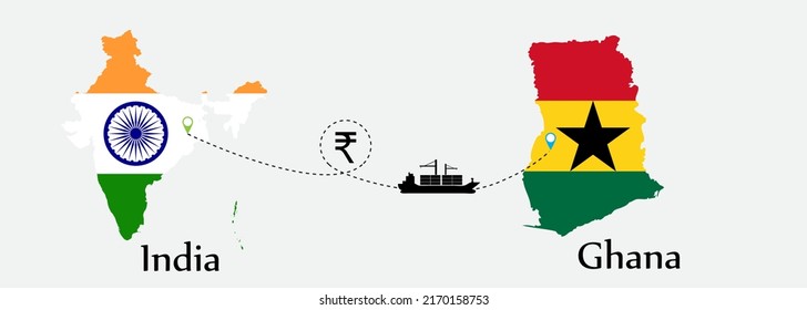 Business concept of both country. Ship transport from India go to Ghana. And flags symbol on maps. EPS.file.Cargo ship.