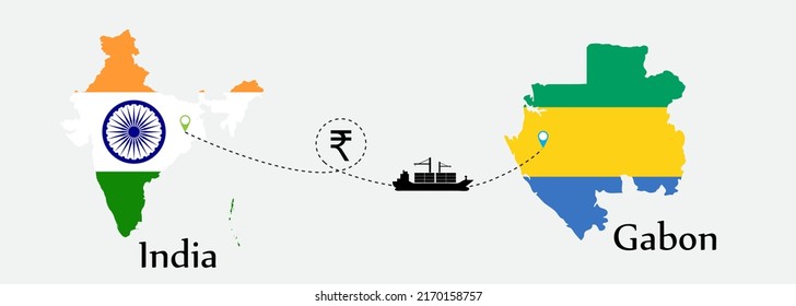 Business concept of both country. Ship transport from India go to Gabon. And flags symbol on maps. EPS.file.Cargo ship.