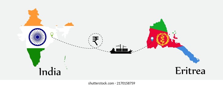 Business concept of both country. Ship transport from India go to Eritrea. And flags symbol on maps. EPS.file.Cargo ship.