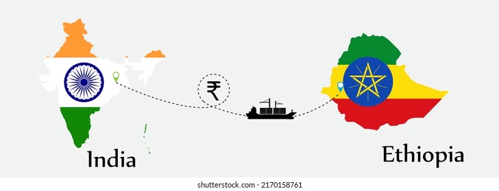 Business concept of both country. Ship transport from India go to Ethiopia. And flags symbol on maps. EPS.file.Cargo ship.