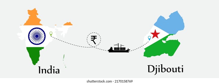 Business concept of both country. Ship transport from India go to Djibouti. And flags symbol on maps. EPS.file.Cargo ship.