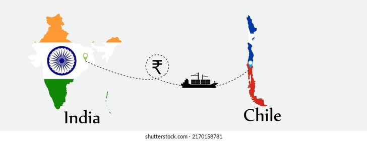 Business concept of both country. Ship transport from India go to Chile. And flags symbol on maps. EPS.file.Cargo ship.