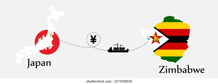 Business concept of both country. Ship transport from Japan go to Zimbabwe. And flags symbol on maps. EPS.file.Cargo ship.