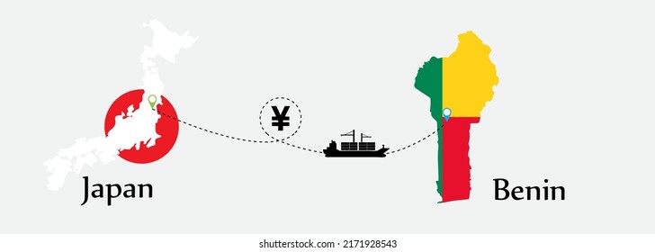 Business concept of both country. Ship transport from Japan go to Benin. And flags symbol on maps. EPS.file.Cargo ship.