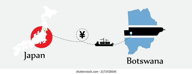Business concept of both country. Ship transport from Japan go to Botswana. And flags symbol on maps. EPS.file.Cargo ship.