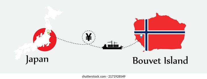 Business concept of both country. Ship transport from Japan go to Bouvet Island. And flags symbol on maps. EPS.file.Cargo ship.