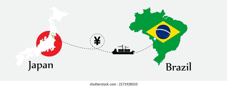 Business concept of both country. Ship transport from Japan go to Brazil. And flags symbol on maps. EPS.file.Cargo ship.