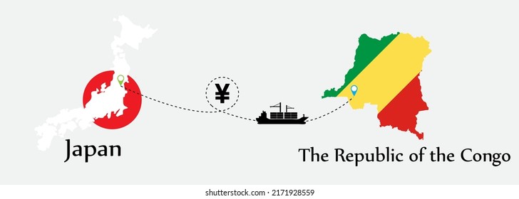 Business concept of both country. Ship transport from Japan go to The Republic of the Congo. And flags symbol on maps. EPS.file.Cargo ship.
