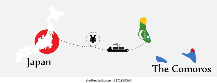 Business concept of both country. Ship transport from Japan go to The Comoros. And flags symbol on maps. EPS.file.Cargo ship.