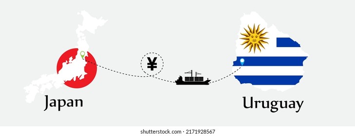 Business concept of both country. Ship transport from Japan go to Uruguay. And flags symbol on maps. EPS.file.Cargo ship.