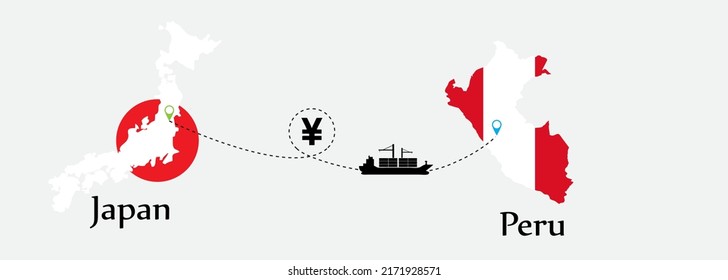 Concepto de negocio de ambos países. El transporte marítimo desde Japón va a Perú. Y símbolo de banderas en los mapas. Buque EPS.file.Cargo.