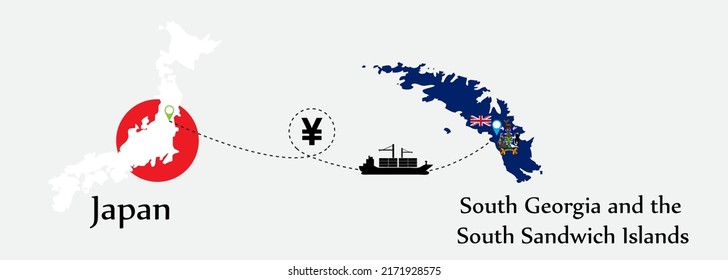 Business concept of both country. Ship transport from Japan go to South Georgia and the South Sandwich Islands. And flags symbol on maps. EPS.file.Cargo ship.