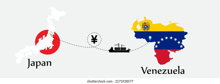 Business concept of both country. Ship transport from Japan go to Venezuela. And flags symbol on maps. EPS.file.Cargo ship.