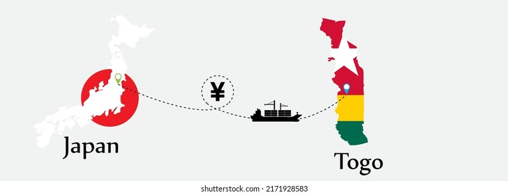 Business concept of both country. Ship transport from Japan go to Togo. And flags symbol on maps. EPS.file.Cargo ship.