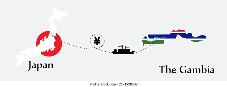Business concept of both country. Ship transport from Japan go to The Gambia. And flags symbol on maps. EPS.file.Cargo ship.