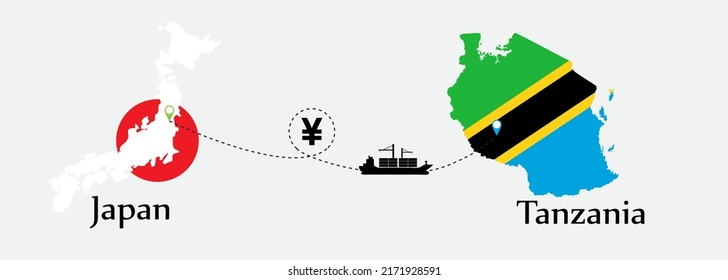 Business concept of both country. Ship transport from Japan go to Tanzania. And flags symbol on maps. EPS.file.Cargo ship.