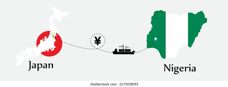 Business concept of both country. Ship transport from Japan go to Nigeria. And flags symbol on maps. EPS.file.Cargo ship.