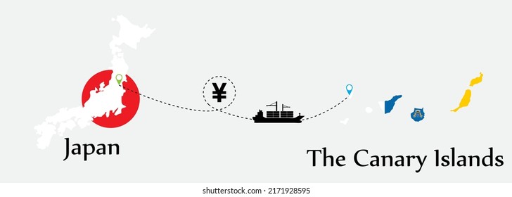 Business concept of both country. Ship transport from Japan go to The Canary Islands. And flags symbol on maps. EPS.file.Cargo ship.