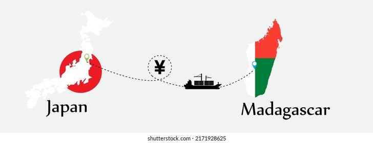 Business concept of both country. Ship transport from Japan go to Madagascar. And flags symbol on maps. EPS.file.Cargo ship.