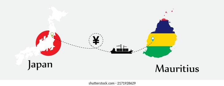 Business concept of both country. Ship transport from Japan go to Mauritius. And flags symbol on maps. EPS.file.Cargo ship.