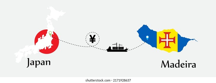 Business concept of both country. Ship transport from Japan go to Madeira. And flags symbol on maps. EPS.file.Cargo ship.