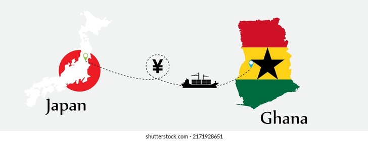 Business concept of both country. Ship transport from Japan go to Ghana. And flags symbol on maps. EPS.file.Cargo ship.