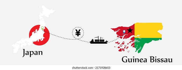 Business concept of both country. Ship transport from Japan go to Guinea Bissau. And flags symbol on maps. EPS.file.Cargo ship.
