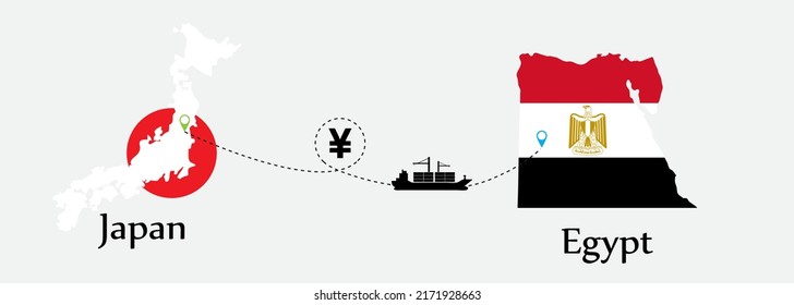 Business concept of both country. Ship transport from Japan go to Egyp. And flags symbol on maps. EPS.file.Cargo ship.