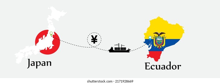 Business concept of both country. Ship transport from Japan go to Ecuador. And flags symbol on maps. EPS.file.Cargo ship.