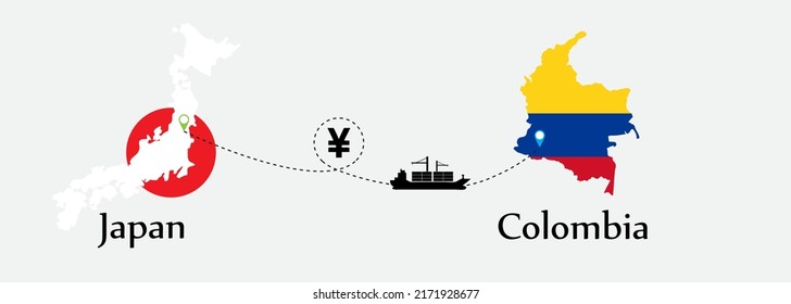Business concept of both country. Ship transport from Japan go to Colombia. And flags symbol on maps. EPS.file.Cargo ship.