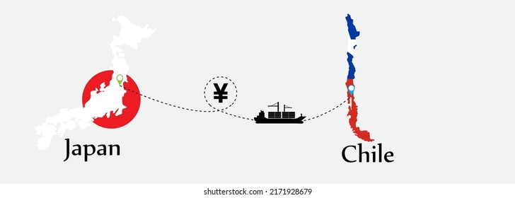 Business concept of both country. Ship transport from Japan go to Chile. And flags symbol on maps. EPS.file.Cargo ship.