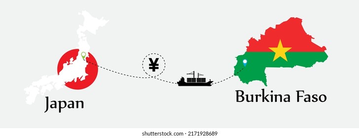 Business concept of both country. Ship transport from Japan go to Burkina Faso. And flags symbol on maps. EPS.file.Cargo ship.