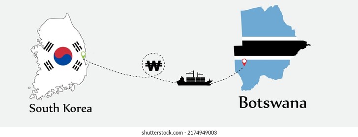 Business concept of both country. Ship transport from South korea go to Botswana. And flags symbol on maps. EPS.file.Cargo ship.