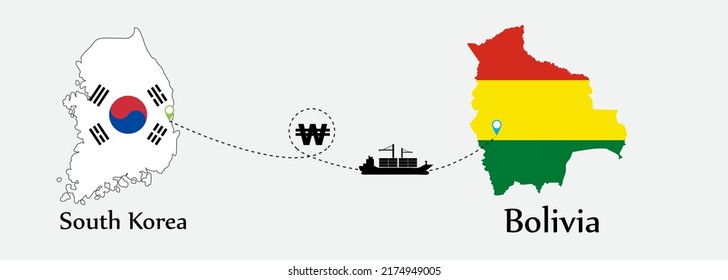 Business concept of both country. Ship transport from South korea go to Bolivia. And flags symbol on maps. EPS.file.Cargo ship.