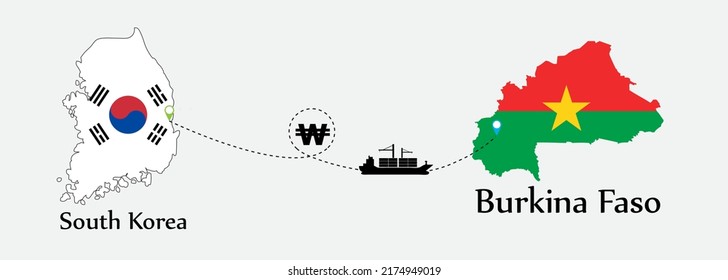 Business concept of both country. Ship transport from South korea go to Burkina Faso. And flags symbol on maps. EPS.file.Cargo ship.