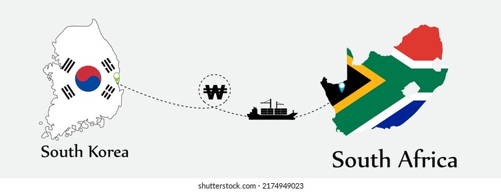 Business concept of both country. Ship transport from South korea go to South Africa. And flags symbol on maps. EPS.file.Cargo ship.