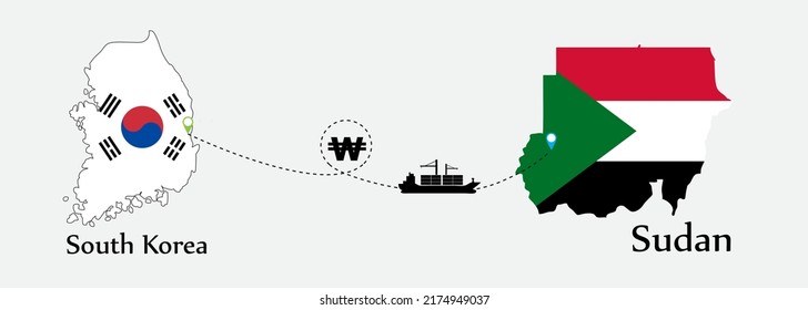 Business concept of both country. Ship transport from South korea go to Sudan. And flags symbol on maps. EPS.file.Cargo ship.
