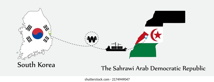 Business concept of both country. Ship transport from South korea go to The Sahrawi Arab Democratic Republic. And flags symbol on maps. EPS.file.Cargo ship.