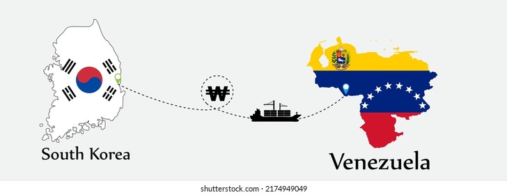 Business concept of both country. Ship transport from South korea go to Venezuela. And flags symbol on maps. EPS.file.Cargo ship.