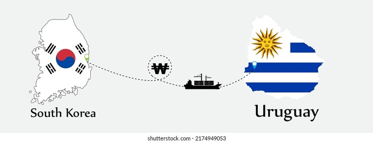 Business concept of both country. Ship transport from South korea go to Uruguay. And flags symbol on maps. EPS.file.Cargo ship.