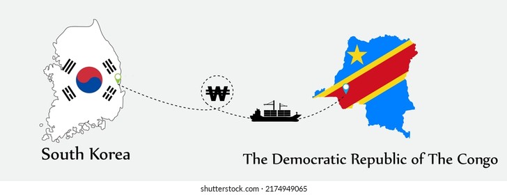 Business concept of both country. Ship transport from South korea go to The Democratic Republic of The Congo. And flags symbol on maps. EPS.file.Cargo ship.