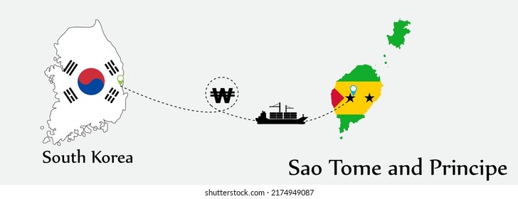 Business concept of both country. Ship transport from South korea go to Sao Tome and Principe. And flags symbol on maps. EPS.file.Cargo ship.