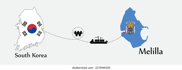 Business concept of both country. Ship transport from South korea go to Melilla. And flags symbol on maps. EPS.file.Cargo ship.