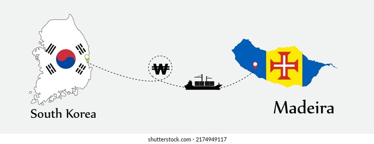 Business concept of both country. Ship transport from South korea go to Madeira. And flags symbol on maps. EPS.file.Cargo ship.