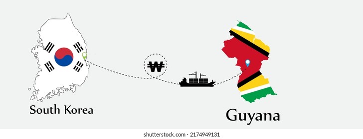 Business concept of both country. Ship transport from South korea go to Guyana. And flags symbol on maps. EPS.file.Cargo ship.